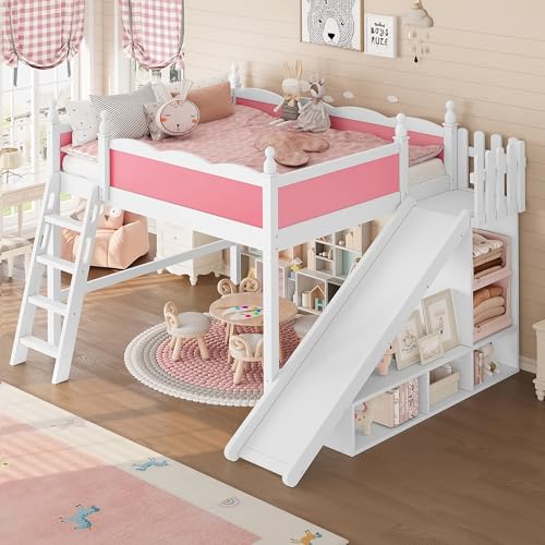 Image of Queen Size Loft Bed with Storage Shelves, Cabinet & Detachable Slide and Ladders, Solid Wood Kids Loft Bed for Space-Saving, Playful & Organized Bedroom (Light White+Pink1, Queen)