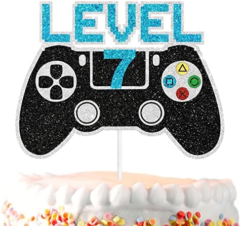 Unlock Video Game Level UP 7th Happy Birthday Cake Topper - Video Game Themed Birthday Party, Controller Themed Party Winner Decoration for Teen Boys or Girls - SugarGera