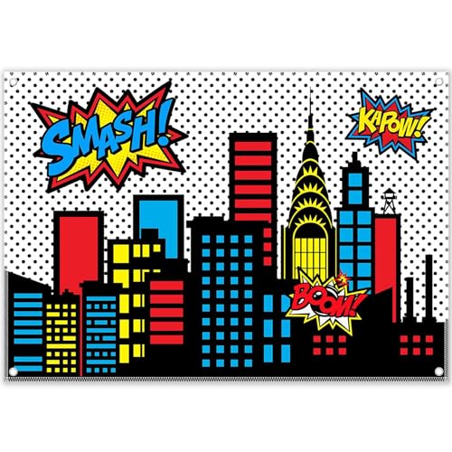 Yriujul 8x6ft Superhero Cityscape Photography Backdrop Skyline Buildings City Boom Background Kids Birthday Banner Party Baby Shower Decorations Photo Props
