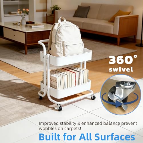 Image of 2 Tier Cart with Wheels Under Desk Storage with Handle, Metal Rolling Pantry Cart for Kitchen White Small Rolling Basket for Laundry Room Bathroom, Utility Shelf Organizer for Small Space