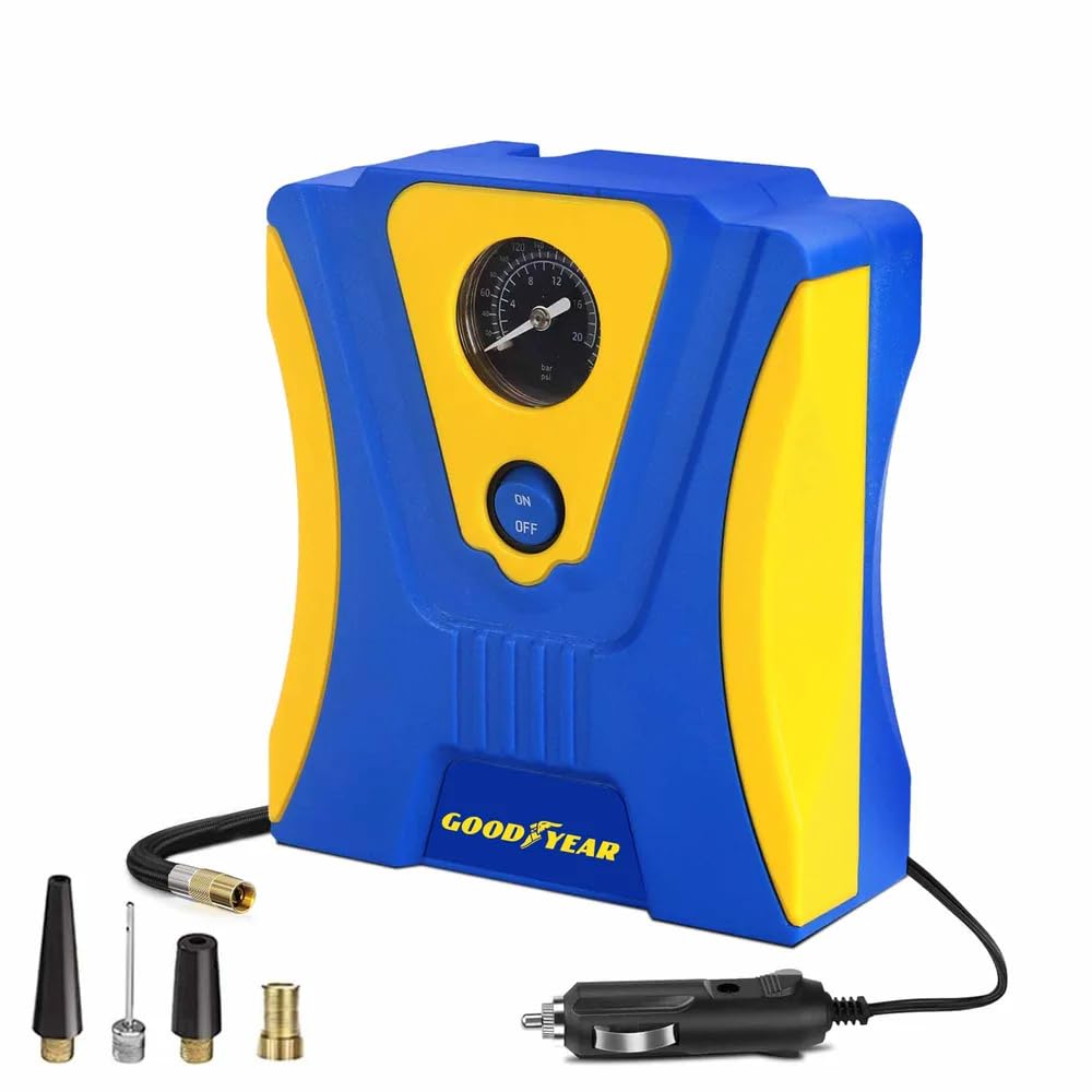 GOODYEAR Portable Car Tyre Inflator Compressor | 3M Cigarette Lighter Cord | 12V, blue and yellow