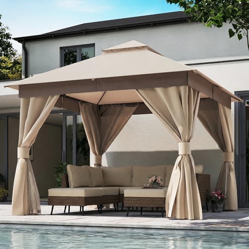 LAUSAINT HOME 10'x10' Outdoor Gazebo, Metal Frame Heavy Duty Patio Canopy Tent Shelter with Double Roofs, Mosquito Nettings and Privacy Screens for Backyard, Garden, Lawn, Khaki