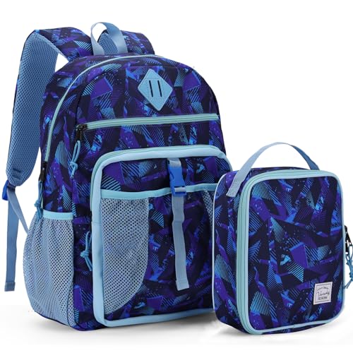 VASCHY Kids Backpack Lunch Bag Set, Boys 2-1 School Bookbag Insulated Lunch Box for Toddlers,Preschool,Daycare,Kindergarten,Elementary School Blue