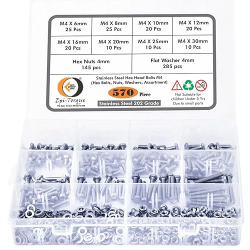 Image of Metric M4 Stainless Alloy Steel 202 Grade Full Threaded Hex Bolts Nuts and Washer Assortment Kit Set with Storage Box Pack of 570 Pcs