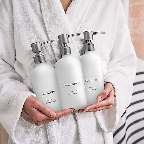 Image of Stylish Shampoo and Conditioner Dispenser Set of 3 - Modern 21oz Shower Soap Bottles with Pump and Labels - Easy to Refill Body Wash Dispensers for an Instant Bathroom Decor Upgrade - White