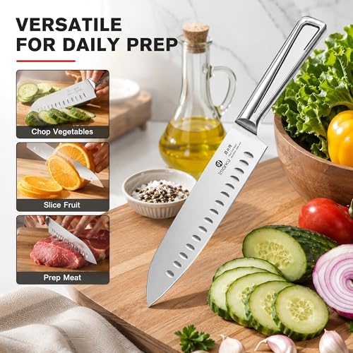 Image of imarku Chef Knife Ultra Sharp Santoku Knife 7 Inch, High Carbon Stainless Steel Japanese Kitchen Knife with Hollow Edge | Seamless Ergonomic Handle, Gift Box for Meat /Vegetables /Tomatoes & Daily Prep