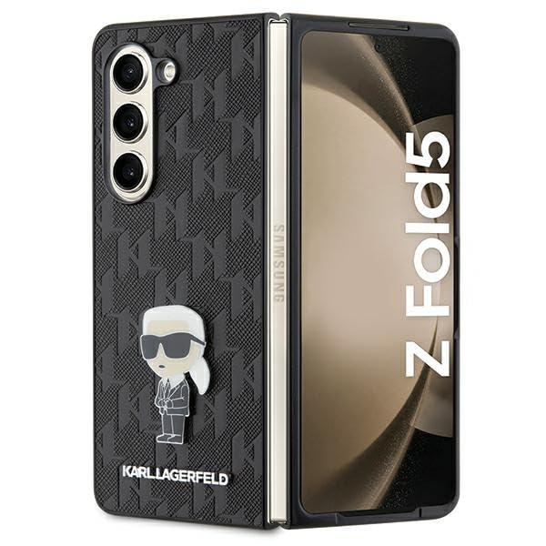 KARL LAGERFELD KLHCZFD5SAPKINPK Étui Rigide pour Z Fold5 F946 Noir Saffiano Monogramme Ikonik Pin
