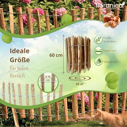 Floranica Staketenzaun aus Haselnuss 10m lang x 60 cm hoch, Lattenabstand 8-10 cm Gartenzaun Staketenzaun niedrig Hühnerzaun