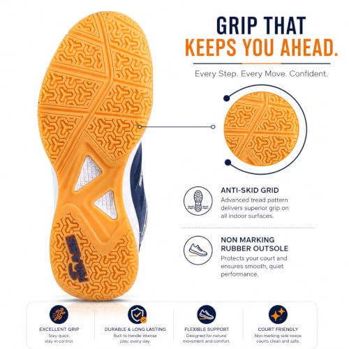 Image of Pro ASE Non-Marking Badminton Shoes - Lightweight & Durable, Perfect for Squash, Table Tennis, Pickleball & Indoor Sports | X-Cushion, Active Grip Sole, Toe Assist | Men, Women, Unisex | Blue,Black,Orange