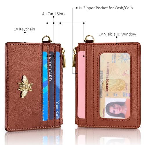 Image of SEAVILIA Card Holder Keychain Wallet for Women with ID Window RFID Coin Purse Bee Gifts Slim Minimalist Small Wallet