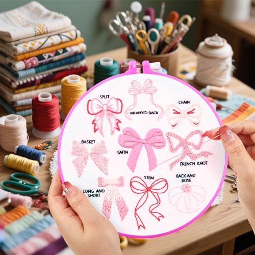 Image of Pink Bowknot Embroidery Kits for Beginners Adults, Cute Hand Embroidery Starter Kits, Counted Cross Stitch Kits for Beginners DIY Craft Kits for Adults Women, Embroidery Hoops, Thread & Video Tutorial
