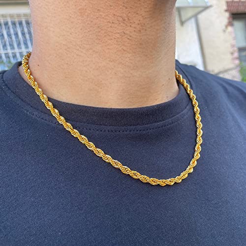 Brijewnes Gold Chain For Men Gold Necklace, 5Mm Sterling Silver Clasp Gold Necklace For Men 20 Inch Rope Chain Necklace For Men 18K Gold Chain For Men Gold Rope Chain For Men Necklace Mens Chain #TOP1
