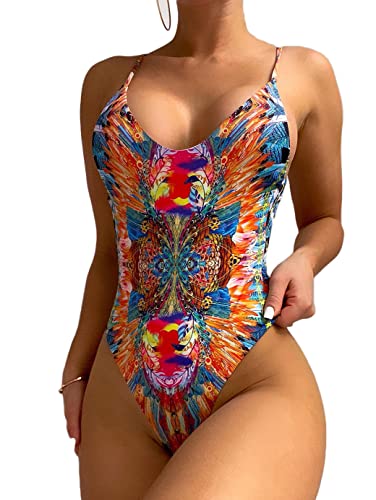 Gorglitter Women's Allover Print One Piece Swimsuit Backless Sleeveless Thong Bikini Swimwear Orange Medium #TOP15