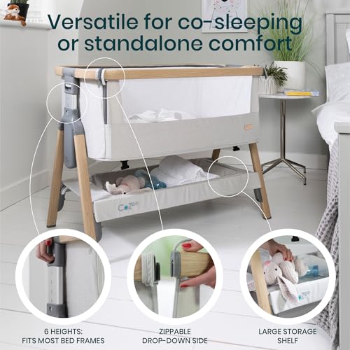 Image of Tutti Bambini CoZee 2-in-1 Baby Bassinet & Bedside Sleeper - Fast-Folding Bedside Bassinet, Baby Crib with 6 Mattress Heights & Breathable Mesh Window, Mattress Included, 0-6 Months (Silver & Oak)
