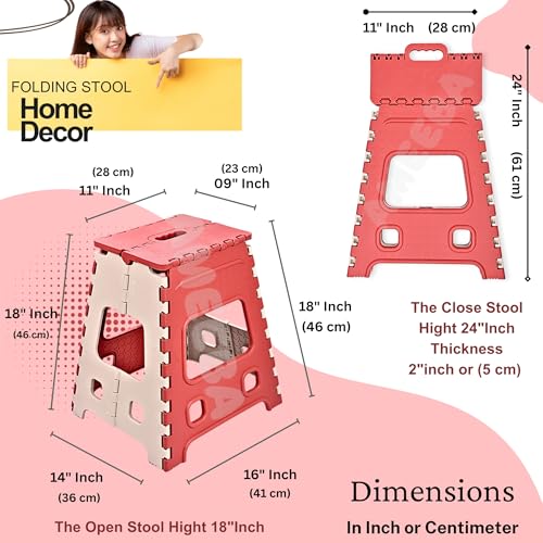 Image of AMEEBA 18 Inch Super Strong Folding Step Stool to Support Adults and Safe Enough for Kids. Opens Easy with One Flip, Great for Kitchen, Bathroom, Bedroom, Kids or Adults (RED)