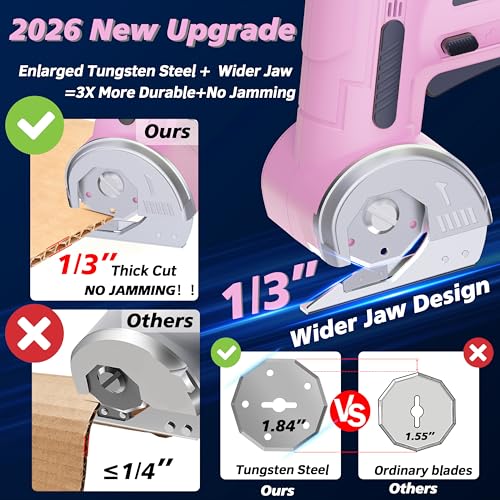 Image of Upgraded Cordless Electric Scissors, Wider Opening with Large 1.84 inchTungsten Blade, 1 /3 inch Max Cutting & LED Display, 320RPM, Heavy-Duty Rotary Cutter for Cardboard, Fabric, Leather & DIY - Pink