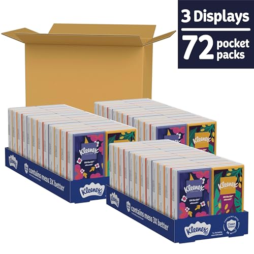 Image of Kleenex On-The-Go Facial Tissues, 72 On-The-Go Packs (3 Trays of 24 Packs), 10 Tissues per Box (720 Total), 3-Ply, Packaging May Vary