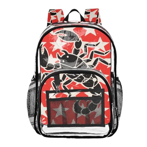 Flat Black Scorpions Stars Red White Clear Backpacks Clear Bookbags For Girls See Through Transparent Heavy Duty For