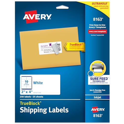 Avery Printable Shipping Labels with Sure Feed, 2' x 4' Customizable Stickers, White, 250 Blank Mailing Labels, Great for Mailing, Shipping, and More (8163)