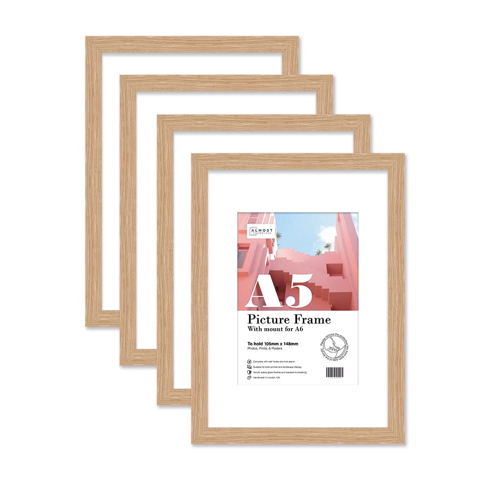 Almost Frameless A5 Oak Picture Frame Set of 4, Display A6 Pictures with Mount or A5 Without Mount Gallery Wall, Poster, Photo, Artwork, or Print, Oak