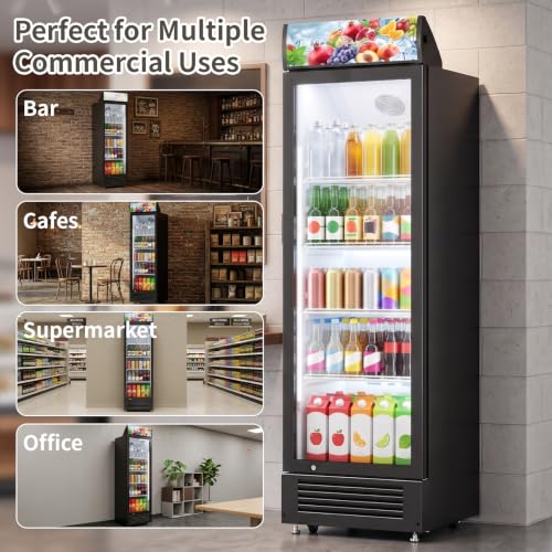 Image of Erivess 9 Cu.Ft Commercial Refrigerators with Double-Tempered Glass Door | Beverage Display Fridge with 7 Level Temp, Merchandiser Drink Fridge with LED Light & Locking Caster for Bar Restaurant Shops