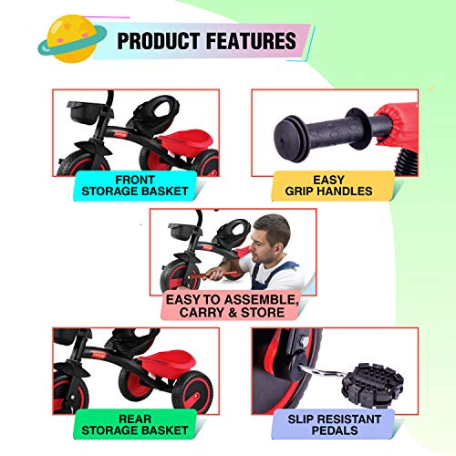 Image of LuvLap Joy Baby Cycle / Tricycle For Kids, 3 To 5 Yrs, Upto 25Kg, Adjustable Safety Belt, Front & Rear Baskets, 2 Position Adjustment (Red)