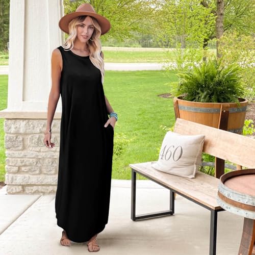 Image of FANDEE Women's Casual Summer Loose Sunresses Long Dresses Sleeveless Split Maxi Beach Dress with Pockets