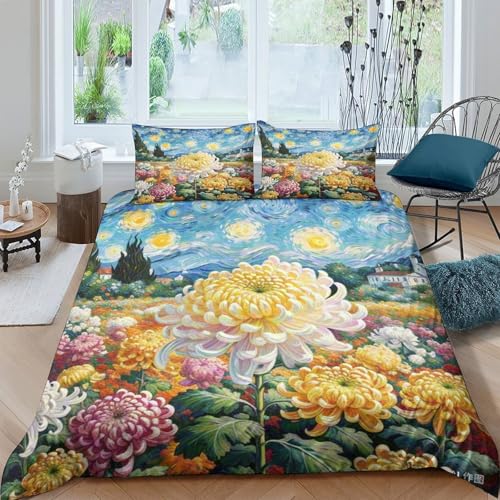 Housse de couette chrysanthème 3D microfibre douce lit King parure de lit zippée - 2