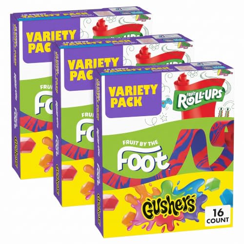Fruit-Roll-Ups, Fruit by the Foot and Gushers Fruit_Flavored Snacks Variety Pack, Gluten Free, 16 Pouches, 10.2 oz (Pack of 3)