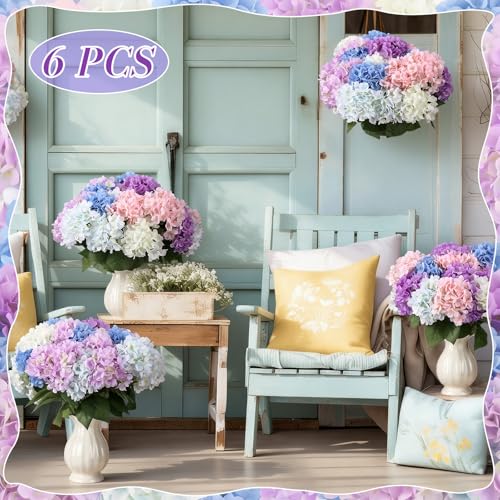 Image of Suncalla Multicolor 6 Bundles Hydrangea Artificial Flowers Bulk 30 Heads 20'' Faux Fake Hydrangea for Spring Graves Easter Decor Porch Indoor Outdoor Home Garden Wedding Table Centerpieces