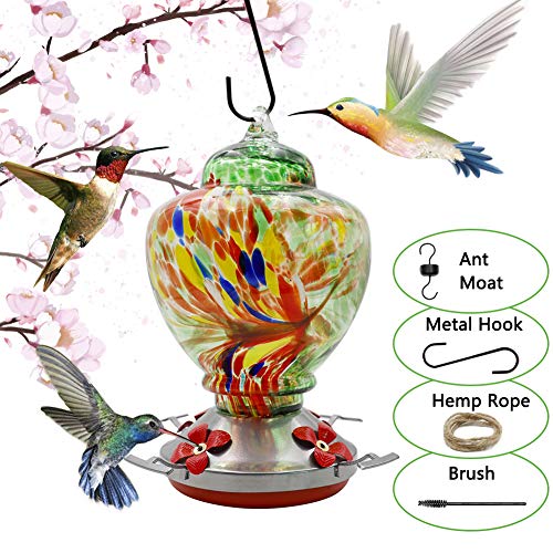Pop Your Dream Hand Blown Glass Hummingbird Feeder for Outdoors, Window, Garden, Backyard Decorative - Easy to Clean & Fill, 35 Ounces Nectar Capacity