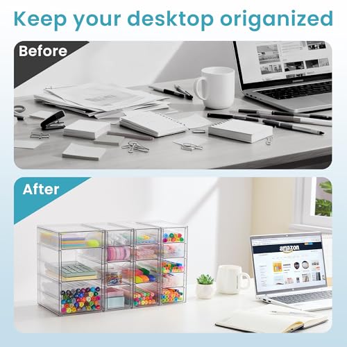 Image of Vtopmart 4 Set Clear Desk Organizer, Acrylic Pen Organizer with 16 Drawers | Desktop Organization and Storage, Clear Storage Drawers for Office Supplies, Pen, Makeup, Art Craft, Jewelry, Nail