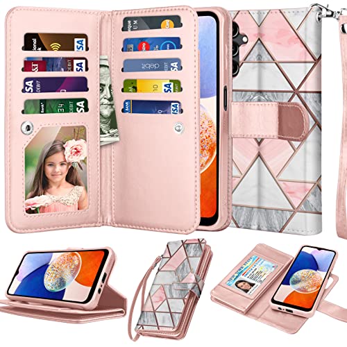 Njjex Galaxy A14 5G Case, for Samsung Galaxy A14 5G Wallet Case, [9 Card Slots] PU Leather Credit Holder Folio Flip [Detachable] Kickstand Magnetic Phone Cover & Lanyard for Samsung A14 [Marble Pink]