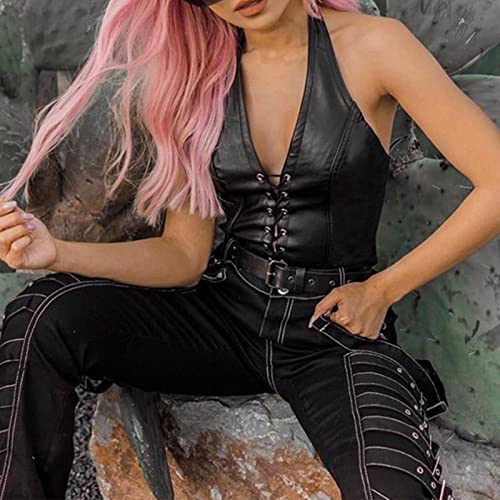 Sexy Corset Tops for Women Adjustable Spaghetti Straps PU Leather Bustier Crop Top Rave Outfit Party Club Night Black3