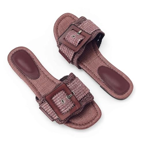 Image of ZJGZF Raffia Sandals for Women Buckle Straw flats Woven Braided Rattan Slides Summer Beach Sandals Comfort Cute Shoes