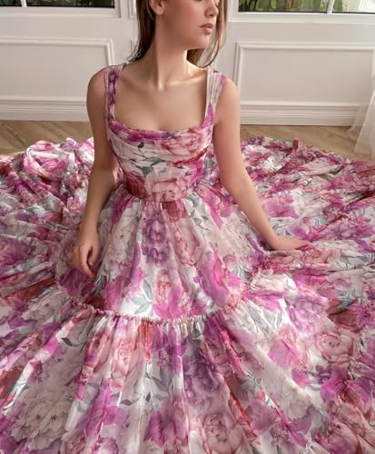 Cute Tulle Floral Print Prom Dress Long Senior Evening Gown for Girls WD1093