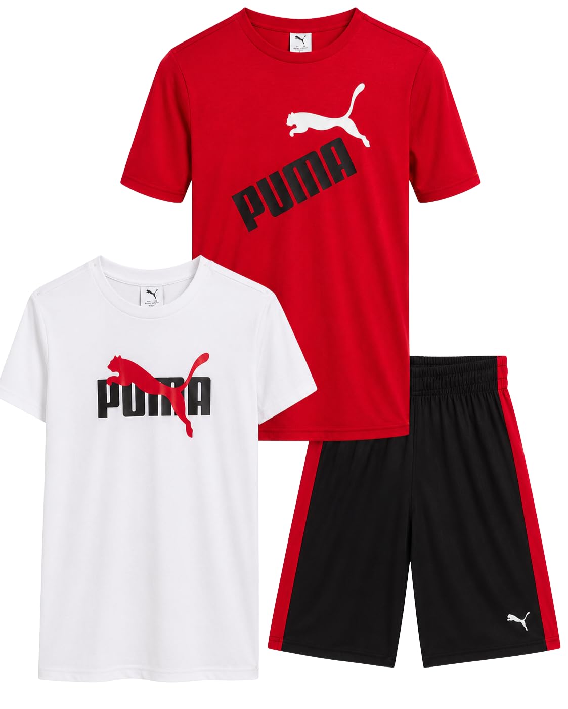 PUMA 3-teiliges Performance-T-Shirt-Tanktop und Fitness-Shorts-Set für Jungen (Größen 32-44), Weiß/Rot, 10-12