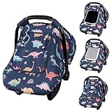 CARUILI Car Seat Cover Baby, Anti-Kick Carseat Covers Baby Boy, Warm Minky Infant Car Seat Canopy with Breathable Mesh Window, Multi-Use Cover Protecting Baby from Wind, Sun, Strangers, Blue Dinosaur