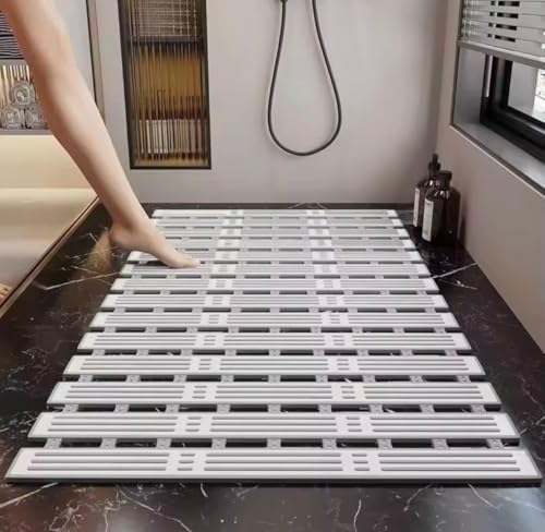 Image of HomeCloud Non-Slip Shower Mat for Bathtub, Anti-Slip Bath Mat with Suction Cups, Drainage Holes & Foot Massage Exfoliating Surface (Vent White L.Grey)