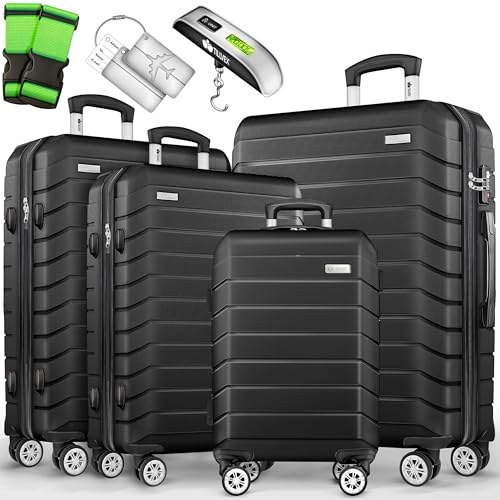 tillvex® Set de 4 Valises de Voyage + Balance, 8 Sangles à Bagages et 4 étiquettes à Bagages |...
