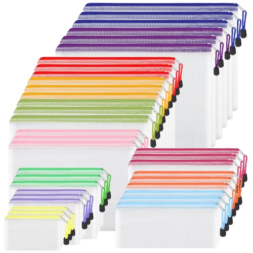 EOOUT 36pcs Mesh Zipper Pouch Bags, 8 Sizes Waterproof Zipper Bags, Puzzle Bags, 12 Colors Waterproof Plastic Document Pouch, Multipurpose for Travel Storage, Office Appliances and Home Organize