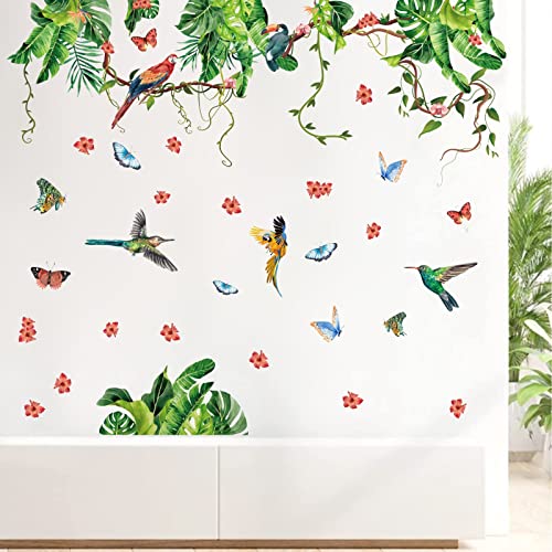 Palm Leaf Wall Stickers Hanging Vines Wall Decal Peel And Stick Wall Art Mural Green Plants Wall Stickers Parrot Flower Wall Decal Tropical Leaves Wall Decals For Living Room Bedroom Bathroom Decor #TOP1