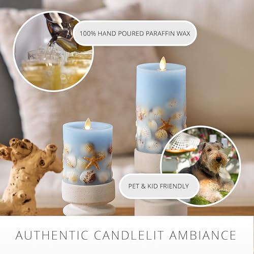 Image of Luminara Flameless LED Candle Soft Chambray Embedded Seashell & Starfish Moving Flame Pillar Unscented Real Wax with Recessed Edge (4.5-inch)