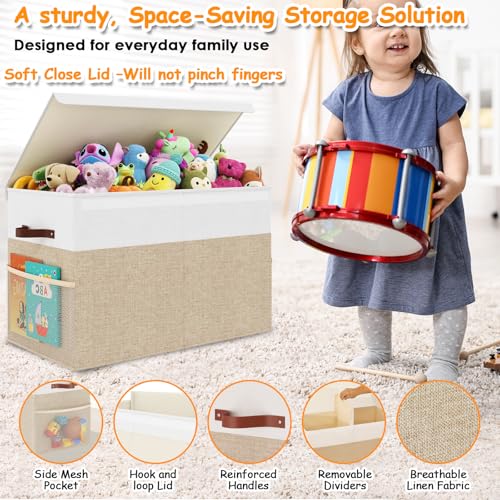 Fineonly Large Toy Storage Box with Lid Upgraded Toy Storage Chest Organizer with Divider Foldable Toy Bin for Kids Boys Girls Playroom Nursery Bedroom (25\"x13\"x16\")
