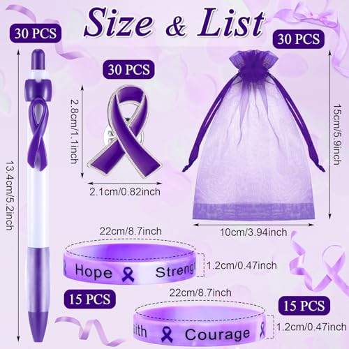 Image of Qilery 120 Pcs Purple Ribbon Awareness Items Gifts Set - Alzheimer's Lapel Pins, Epilepsy Awareness Bracelets, Domestic Violence Pens, Organza Bags for Lupus Pancreatic Cancer Survivor Event Charity