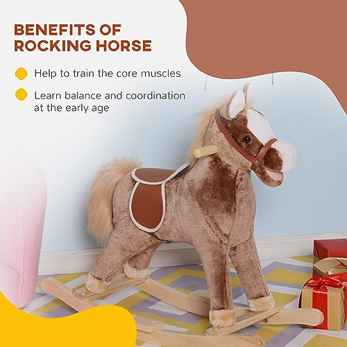 image for Qaba Kids Rocking Horse, Plush Toddler Rocker, Wooden Base Ride-On Toy