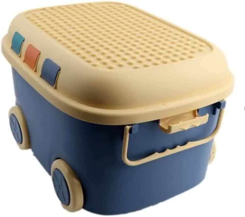 Caminhão Organizador de Brinquedos Infantil – Baú Multiuso com Rodas e Alça – Caixa de Armazenamento Lúdica com Tampa Estilo Blocos de Montar – Ideal para Quartos e Brinquedotecas (Azul/Bege)