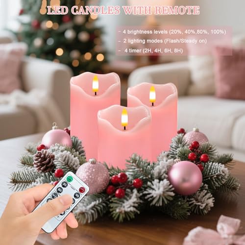 Image of VEEKI Flameless Candles Light, Set of 3 Flickering LED Candle with Remote & Timer, Dimmable Electric Pillar Candles Battery Operated, Pink Candles for Valentine's Day Xmas Home Decor (3PC)