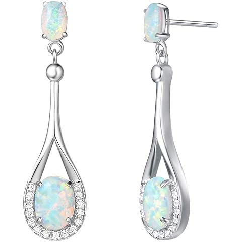 FANCIME Sterling Silver White Opal Earrings Vintage Oval Shape Dangle Earrings Long Drop October Birthstone Hypoallergenic Earrings Fine Jewelry for Women