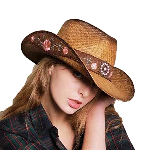 Image of Cowboy Hats for Women, Brown Cowgirl Hats Classic Straw Western Hats for Women Music Festival Party Beach.